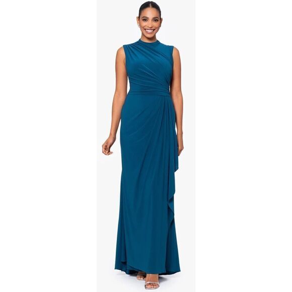 Betsy & Adam PATRICIA" LONG JERSEY KNIT RUFFLE SLEEVELESS DRESS in Mallard NWT S - Picture 1 of 7
